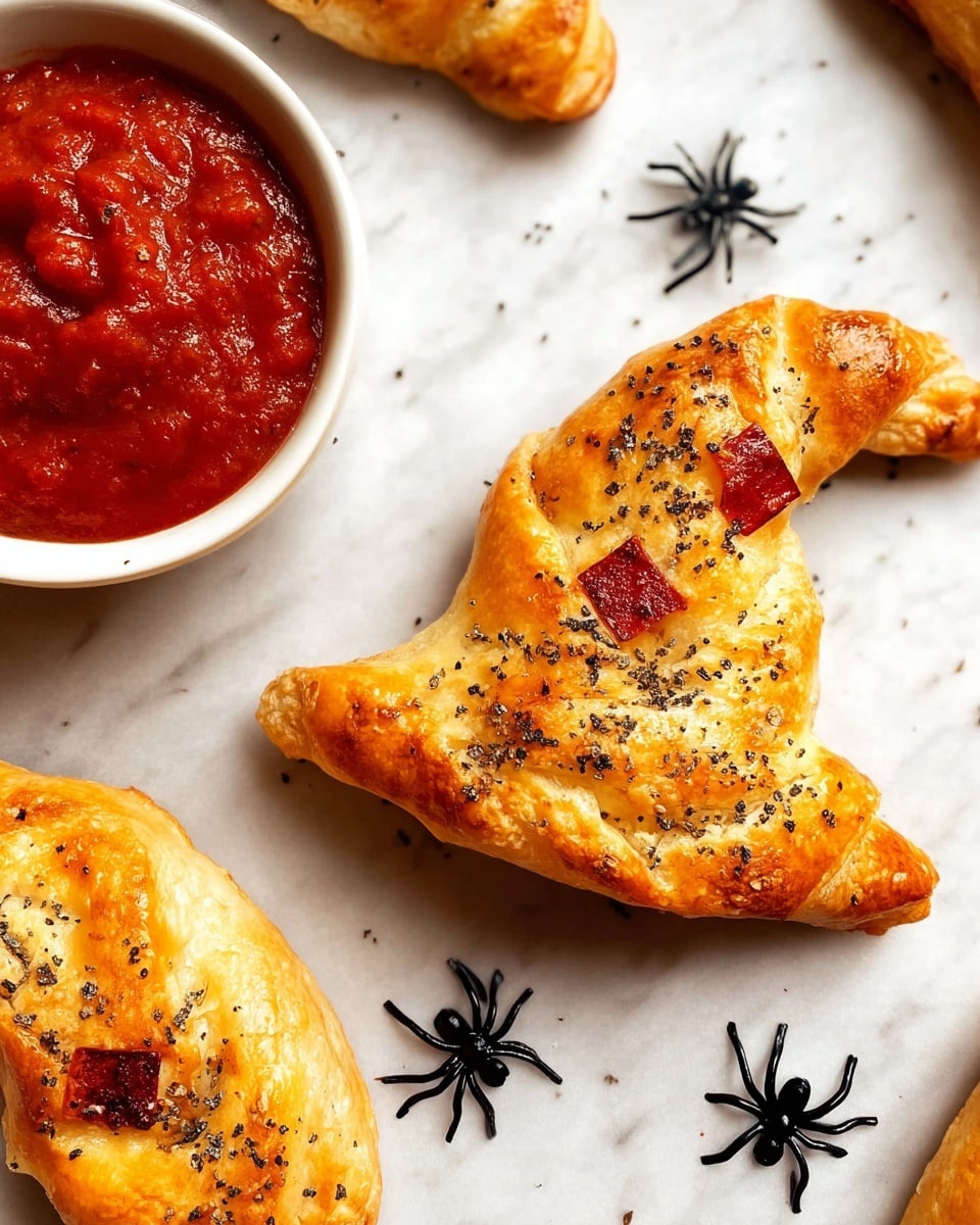 Three golden-brown, triangular pastry pockets shaped like witch hats are placed on a white marbled surface. Each pastry has a textured, flaky crust sprinkled with herbs on top and small triangular slices of red pepper peeking out from the bottom edges, resembling teeth. The pastries are arranged around a white bowl filled with thick red dipping sauce. Small black plastic spiders are scattered on the surface near the pastries, adding a spooky touch. Photo taken with an iphone --ar 4:5 --v 7