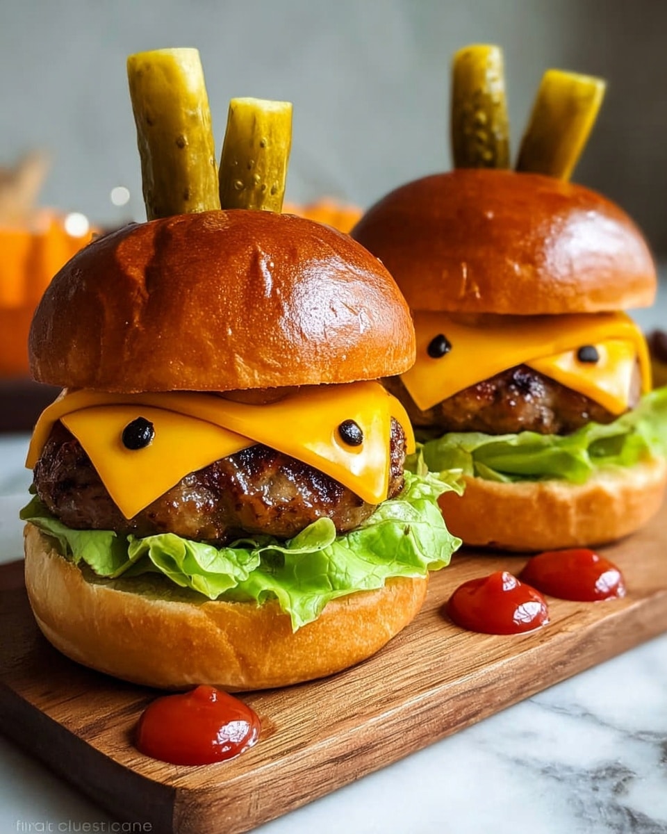 Three burgers are placed on a wooden board over a white marbled surface. Each burger has an orange bun with two dark triangular shapes as eyes and one dark triangle as the nose on the top bun, resembling a jack-o'-lantern face. A small orange rectangular piece sticks vertically from the top of each bun like a pumpkin stem. Under the top bun is a thick dark brown meat patty, topped with melted orange cheese, then fresh green leafy lettuce, and the lighter brown bottom bun. Around the board are small colorful chili peppers with red, yellow, and orange hues. photo taken with an iphone --ar 4:5 --v 7