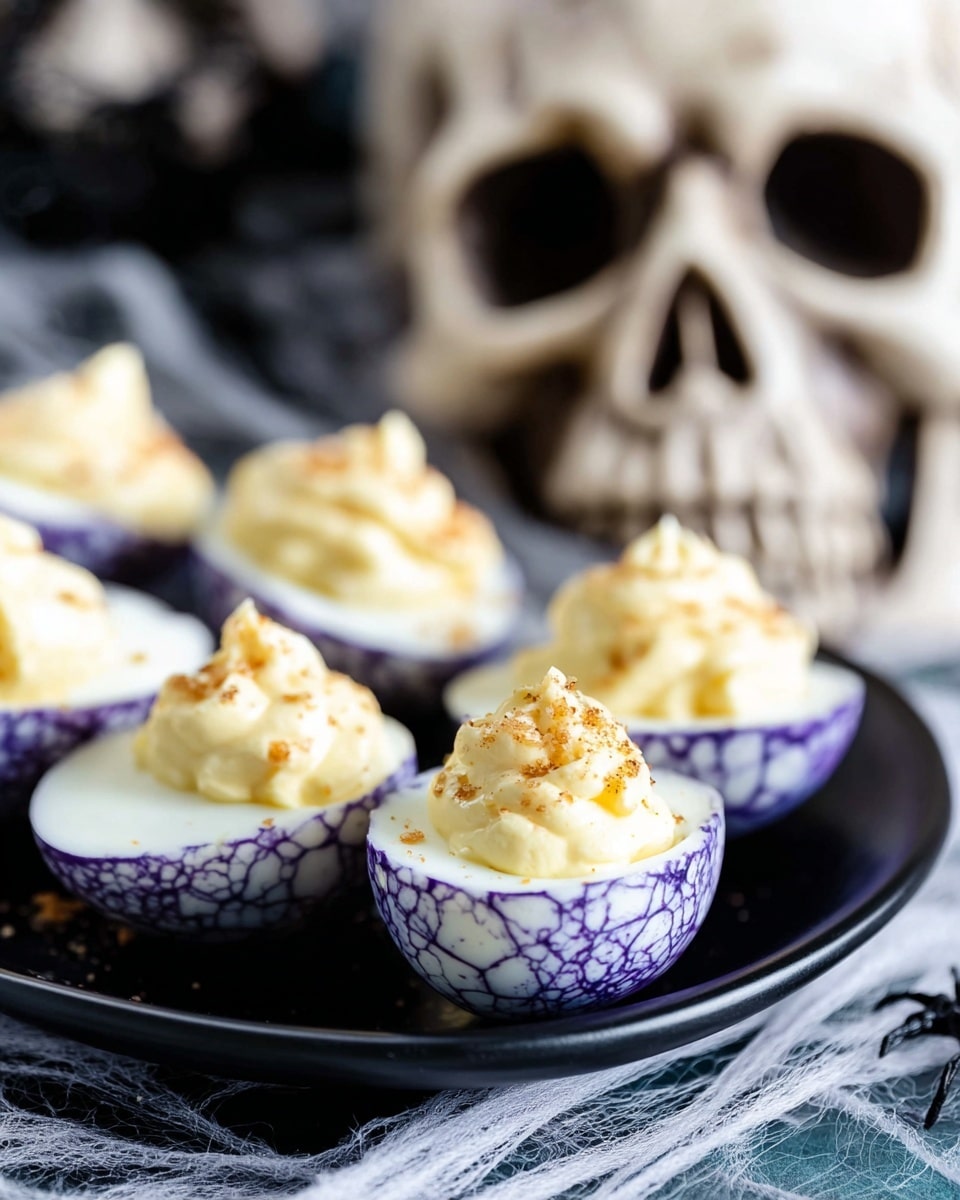 This image shows a close-up of several deviled eggs with a unique cracked purple and white outer shell. Each egg is halved with a creamy pale yellow filling piped in a soft swirl on top, sprinkled with small brown bits. The eggs are arranged on a black plate placed over white marbled textured fabric that looks like spider webs, creating a spooky atmosphere. In the blurred background, there is a large cream-colored skull with dark hollow eye sockets and nose, adding a Halloween theme to the scene. The photo taken with an iphone --ar 4:5 --v 7