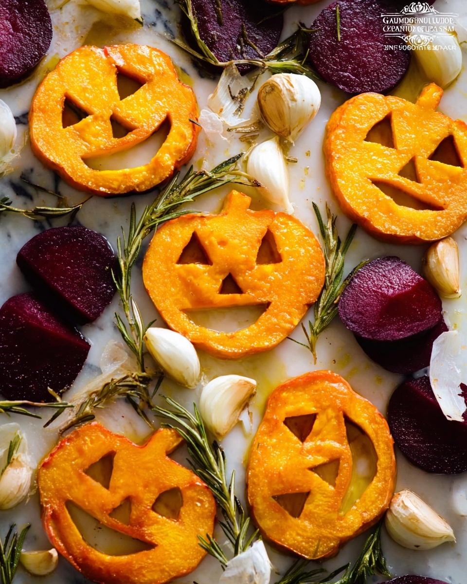 The image shows a white marbled surface with several slices of bright orange pumpkin cut into jack-o'-lantern faces, each with simple triangle eyes and a smiling mouth, arranged mostly in the middle and right side. There are dark purple beet slices with smooth, shiny texture scattered on the left side, some with herbs like sprigs of rosemary. Around the pumpkin and beet slices, there are small whole garlic bulbs and peeled garlic cloves with a slightly rough, papery texture. Olive oil or a similar light oil glistens over the surface, creating shiny spots, and fresh rosemary sprigs are placed around the vegetables, adding green color and a thin, needle-like texture. The overall look is colorful with warm autumn tones and the surface reflects light softly. Photo taken with an iphone --ar 4:5 --v 7