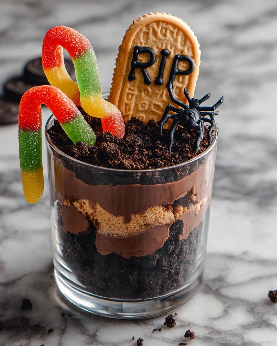 A clear glass shows a dessert with three main layers: the bottom layer is dark, crumbly cookie crumbs, the middle layer is smooth, dark brown chocolate mousse, and the top layer is another thick spread of cookie crumbs. On the top, a tan cookie shaped like a tombstone with