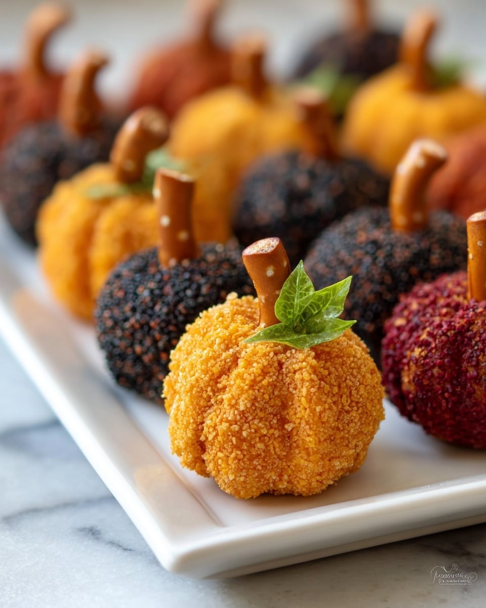 Small round pumpkin-shaped balls sit on a white rectangular plate over a white marbled surface. Each ball has a rough textured outer layer coated in different colors: some are bright orange with a crumbly texture, others are dark brown covered with sesame seeds, and some are deep red with a fine powder coating. Every pumpkin ball has shallow vertical grooves and a small pretzel stick in the center as a stem, with a small green leaf decoration next to the stem on the orange one. The pumpkins are arranged neatly in rows, with a sharp focus on the front orange pumpkin and a blurred background. photo taken with an iphone --ar 4:5 --v 7