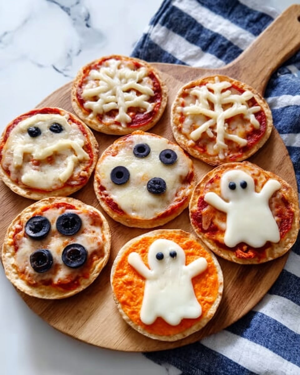 Six small round pizzas are arranged on a wooden paddle board placed on a white marbled surface with a blue and white striped cloth nearby. Each pizza has two layers: a golden-brown crust base topped with a red tomato sauce layer, then a melted white cheese layer shaped like different Halloween-themed figures. The top left pizza has cheese strips with black olive pieces forming a spider; the top middle pizza has cheese shaped like a ghost with two black olive eyes; the top right pizza has an orange cheese layer with white cheese ghost shapes on top; the bottom left pizza has cheese with black olive pieces shaped like a spider; the bottom middle pizza has cheese shaped like a ghost with two black olive eyes; the bottom right pizza has cheese in the shape of three white ghosts with black olive eyes. Photo taken with an iphone --ar 4:5 --v 7