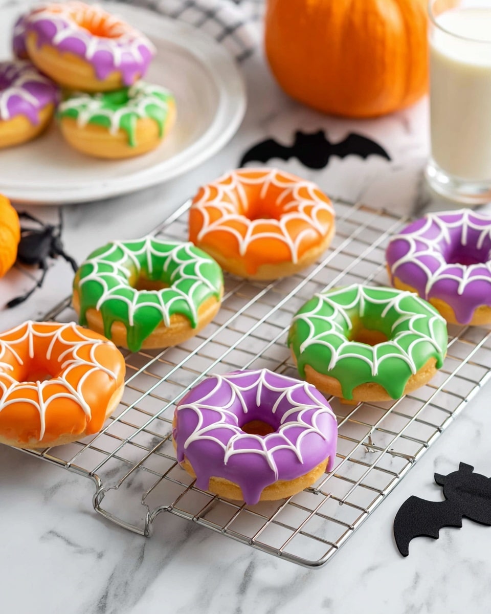 The image shows six round donuts on a wire rack placed over a white marbled surface. Each donut has a smooth layer of brightly colored icing in orange, green, and purple. On top of each donut, white icing is piped in a spiderweb pattern covering the colored icing. In the background, a white plate holds two more donuts, and a small orange pumpkin and a glass of milk are visible. There are also small black felt cutouts shaped like a spider and a bat near the donuts. The whole scene looks bright, festive, and arranged neatly. photo taken with an iphone --ar 4:5 --v 7
