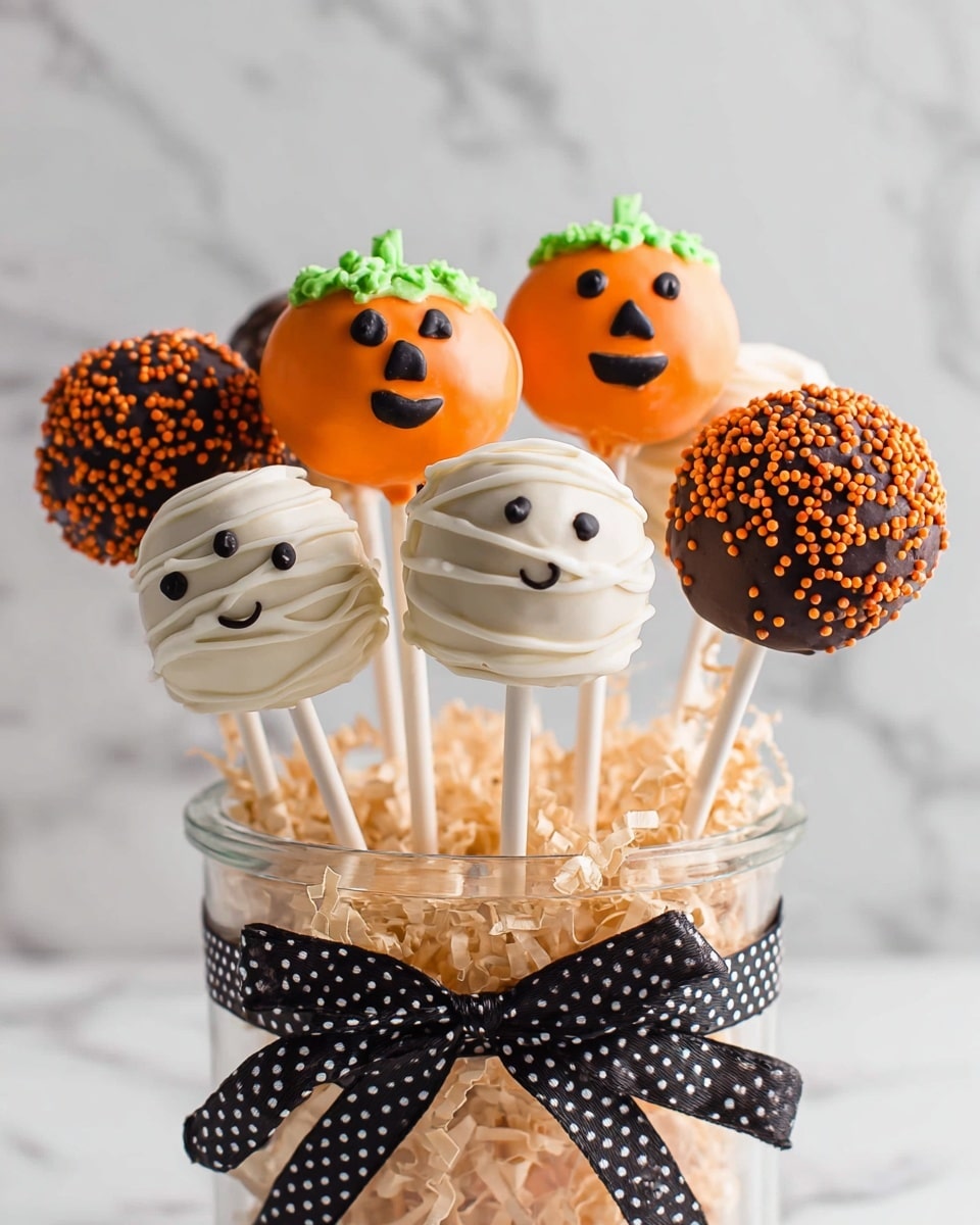 The image shows a close-up of a single cake pop designed like a pumpkin on a white stick, with a smooth, bright orange coating. The cake pop has a small, textured green swirl on top, resembling a pumpkin stem. The face is drawn with black icing, featuring two triangle-shaped eyes, a triangle nose, and a curved smile. In the blurred background, there are more cake pops, some orange with dark speckles and some white, all on white sticks, positioned in a bowl filled with crinkled brown paper. The whole scene is set on a white marbled surface. Photo taken with an iphone --ar 4:5 --v 7