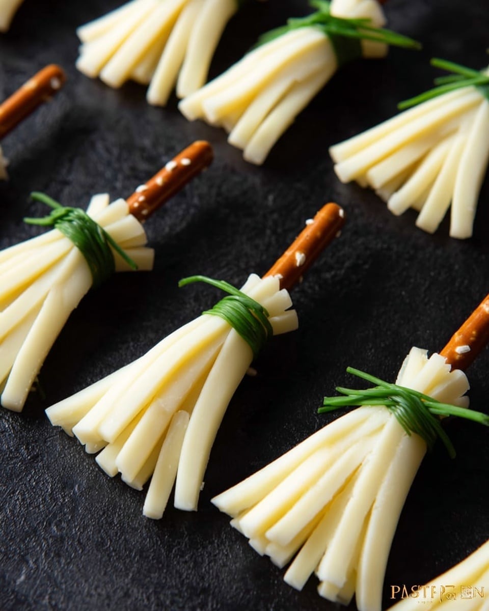 The image shows a black wooden board with seven small broom-shaped snacks evenly spaced across it. Each broom has one light brown pretzel stick as the handle. Attached to the stick are thin strips of white cheese fanned out at the bottom to resemble broom bristles. The cheese strips are tied close to the pretzel with thin green chive strings shaped like small bows, keeping the strips in place. The background has a white marbled texture. photo taken with an iphone --ar 4:5 --v 7