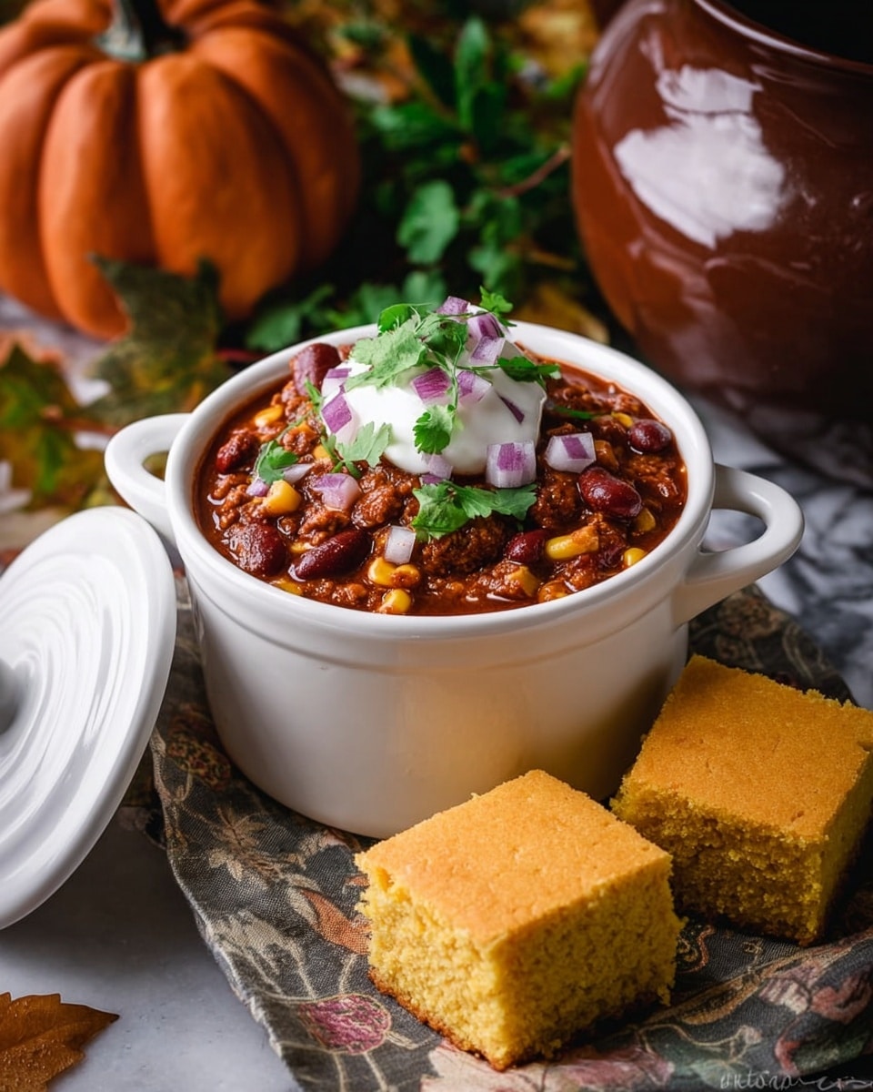 A white bowl with a lid sitting beside it holds a thick chili with two layers: the bottom layer is a rich red-brown mix of beans, corn, and ground meat, and the top layer has a white dollop of sour cream crowned with small pieces of purple onion and green cilantro leaves. Around the bowl on a fabric napkin are three pieces of yellow cornbread with a crumbly texture. A brown pumpkin-shaped pot and a white marbled surface are in the background, with some green and brown autumn leaves scattered nearby. Photo taken with an iphone --ar 4:5 --v 7