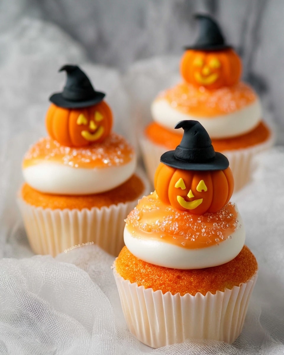 Three cupcakes sit on a white marbled surface covered with a loose white cloth. Each cupcake has a single layer of orange cake in white paper liners. On top, there is a smooth dome of white frosting partially covered with bright orange sugar crystals on one side. At the very top of each cupcake, there is a small pumpkin decoration with a carved smiley face and triangular eyes, wearing a black witch hat. The cupcakes are evenly spaced and the lighting highlights their bright colors and texture. photo taken with an iphone --ar 4:5 --v 7