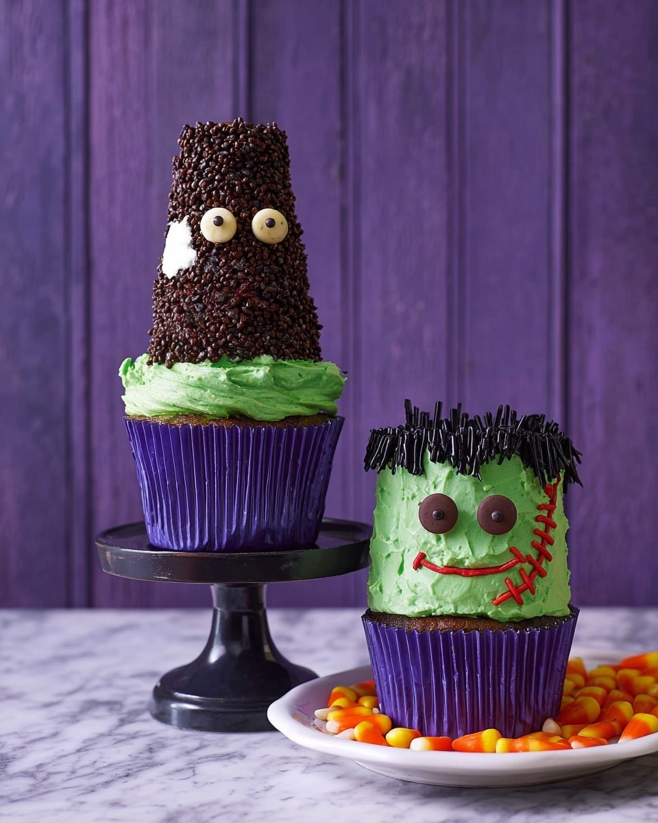 The image shows two Halloween-themed cupcakes on a white marbled surface with a purple wooden background. Both cupcakes have purple liners and thick green frosting as the base layer for the faces. The cupcake on the left is taller, with a large cone-shaped top covered in dark brown chocolate sprinkles and a white patch on one side. It has two round chocolate candy eyes and a small red curved line for a mouth. The cupcake on the right is shorter with green frosting shaped like a head, decorated with black licorice pieces on each side for ears, dark brown chocolate candy eyes, a small black line for the mouth, and red icing resembling a scar. The top of this cupcake is covered with chocolate sprinkles and black icing lines for hair. Both cupcakes are placed on a white plate filled with small orange candy, with one cupcake on a small black cake stand. A woman's hand is holding the taller cupcake photo taken with an iphone --ar 4:5 --v 7