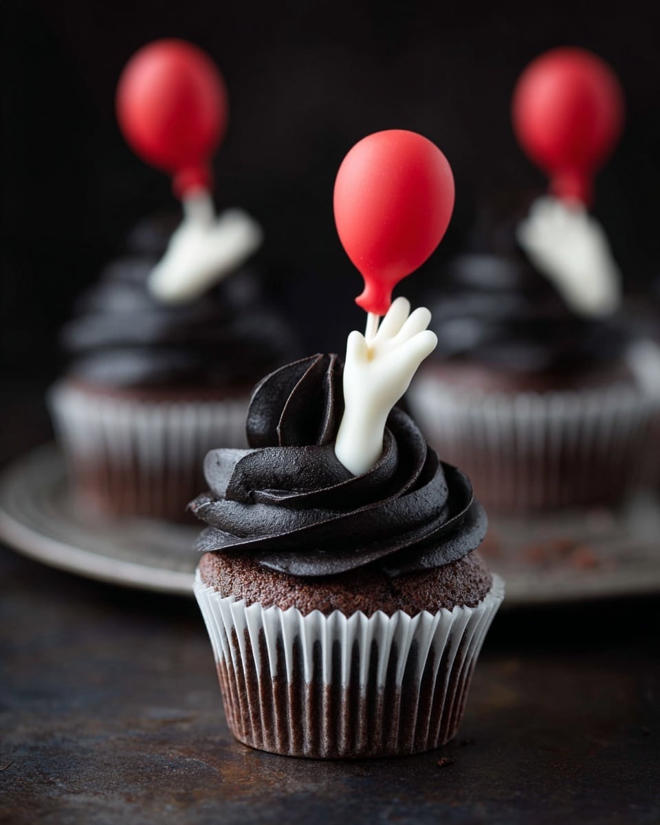 A dark chocolate cupcake in a white paper liner sits on a dark surface, topped with thick swirls of smooth black frosting. Sticking out from the frosting is a small white edible decoration shaped like a bent arm and hand reaching forward. Attached to the arm is a white stick holding a bright red balloon-shaped topper, which is rounded and smooth. The background shows a few similar cupcakes with the same decorations, blurred softly. The overall scene is set against a dark backdrop. Photo taken with an iphone --ar 4:5 --v 7