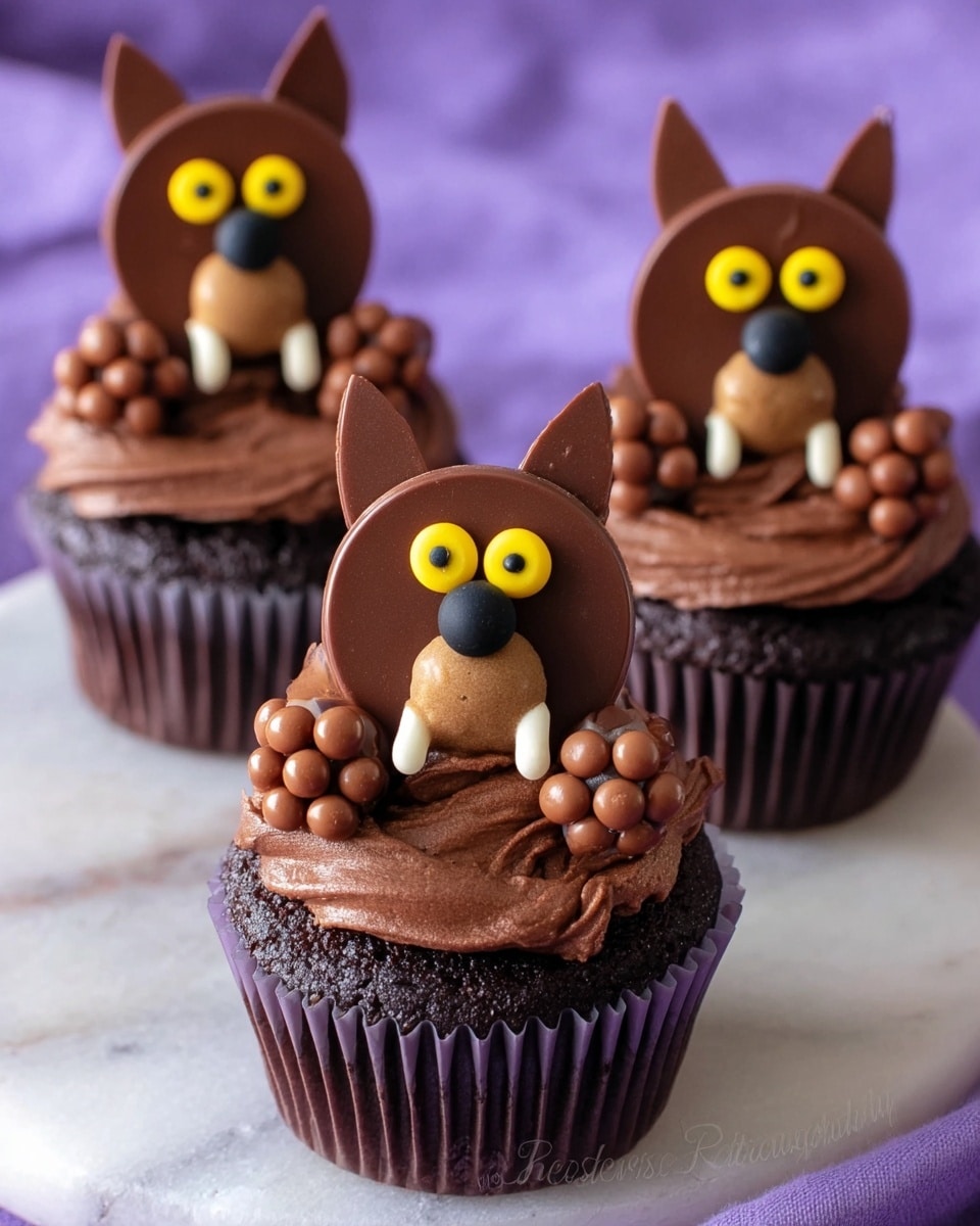 Three chocolate cupcakes are decorated to look like little wolves. Each cupcake has a dark brown base with smooth dark chocolate frosting on top. On the frosting, there are two round chocolate balls appearing as paws, holding a small white bone candy. The wolf heads are made with textured chocolate frosting shaped with pointy ears, big yellow eyes with black pupils, and a round black nose. White candy pieces make sharp teeth at the mouth. Behind each head is a large flat white circle, like a full moon. The cupcakes are placed on a bright blue and pink marbled surface. Photo taken with an iphone --ar 4:5 --v 7
