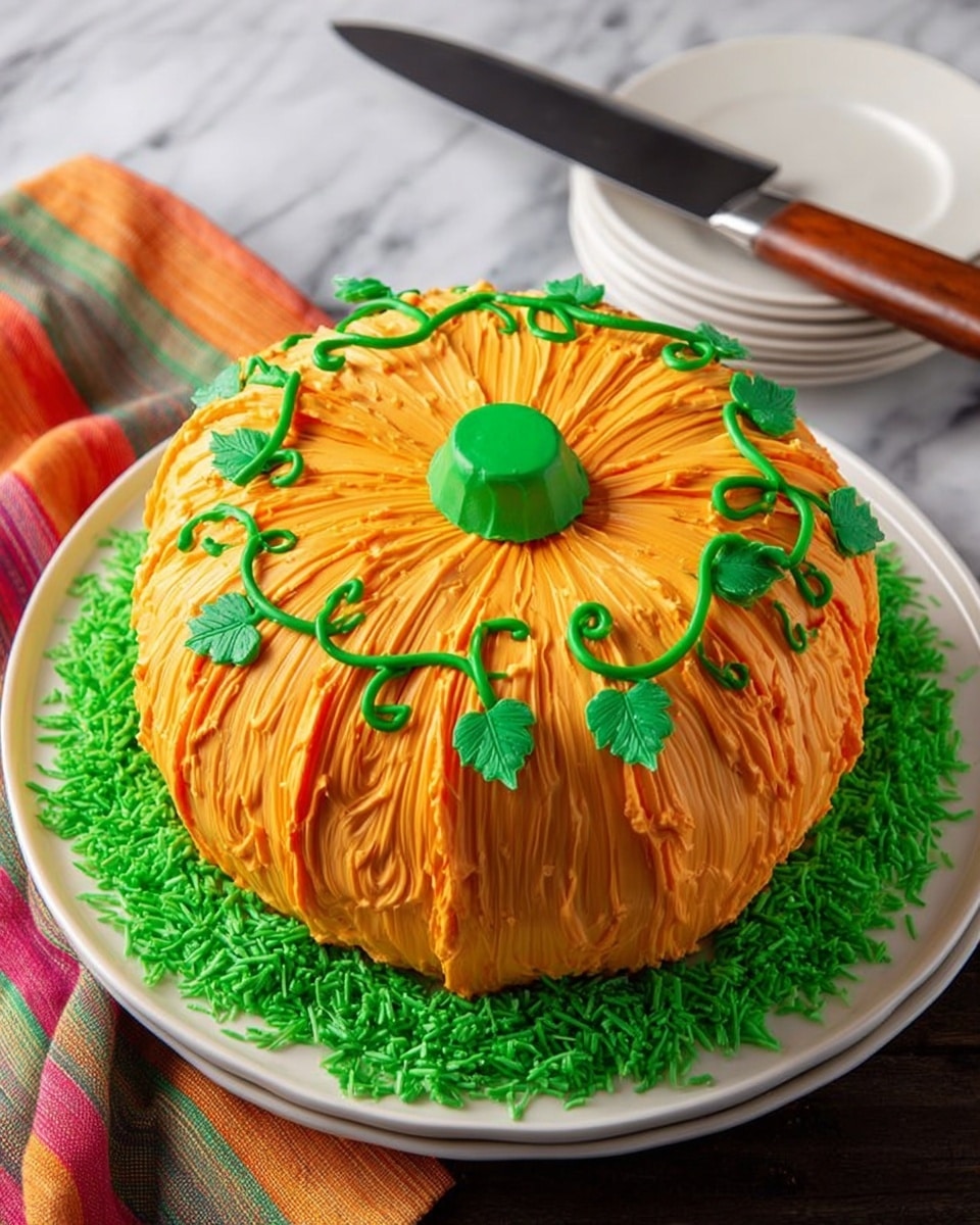 A round cake shaped like a pumpkin sits on a white plate on a white marbled surface. The cake has one main layer covered with smooth, bright orange frosting with vertical grooves to mimic pumpkin ridges. The top center is covered with a thick round patch of green frosting, acting as the pumpkin stem. Green frosting vines and leaves swirl around the top and slightly down the sides, adding decoration. The base of the cake is surrounded by a layer of bright green shredded, textured material resembling grass. Photo taken with an iphone --ar 4:5 --v 7
