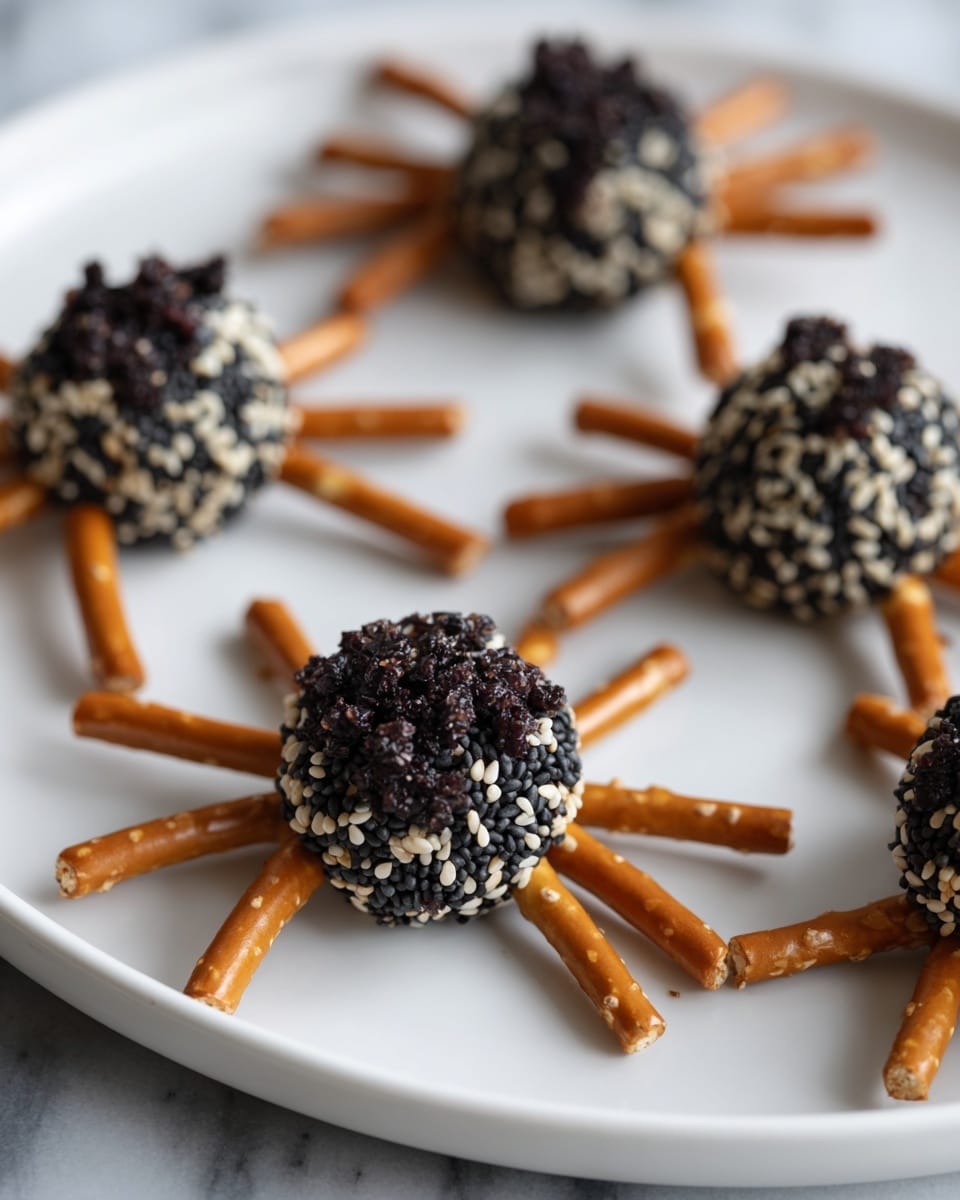 The image shows a white marbled board with several black round cheese balls covered in white seeds, each placed as a spider body. Each cheese ball spider has eight thin pretzel sticks as legs radiating outward. Around the cheese spiders, there are small clusters of green grapes forming a loose border. The board sits on a white marbled surface with a sheer black cloth underneath, adding contrast. There are small black plastic spiders scattered nearby, and blurred tableware like forks, glasses, and a skull decoration in the background, giving a spooky theme. Photo taken with an iphone --ar 4:5 --v 7
