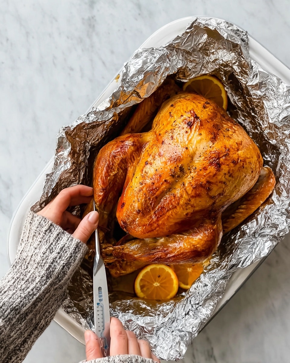 A golden brown whole roasted turkey placed inside crinkled aluminum foil that lines a white dish, with a few orange slices tucked inside the turkey. A woman's hand wearing a gray and white striped oven mitt is gently holding the foil from the left, while another woman's hand is using a metal thermometer inserted into the turkey to check its temperature. The background is a white marbled surface. photo taken with an iphone --ar 4:5 --v 7