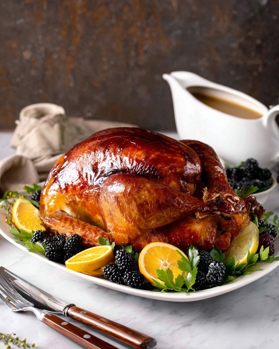 A shiny, golden brown cooked whole bird sits in the middle of a white plate. The bird has a smooth, glossy skin with a rich brown shade and is placed on a bed of green leaves. Around the bird's edges are bright yellow lemon slices, orange wedges, and small bunches of dark blackberries, creating a colorful border. Behind the plate, there is a white gravy boat filled with light brown gravy. The setting is on a white marbled surface with a rustic background, and in the front corner, there is a silver carving knife and fork with wooden handles. photo taken with an iphone --ar 4:5 --v 7