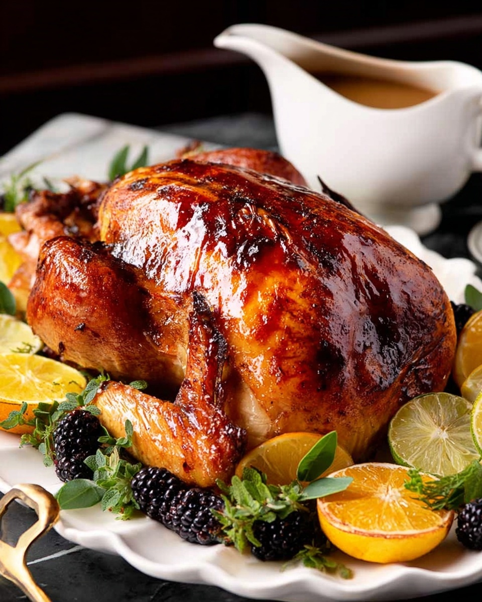 A whole roasted chicken with shiny, deep golden-brown skin sits in the middle of a white scalloped plate. The chicken is surrounded by bright yellow lemon wedges, dark blackberries, and fresh green herbs, creating a colorful ring around it. Behind the plate, there is a white sauce boat filled with brown gravy. The scene is set on a white marbled surface with a dark background. photo taken with an iphone --ar 4:5 --v 7
