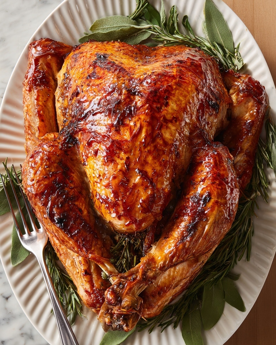 A whole roasted chicken with crispy, golden-brown skin sits on a white plate, which is decorated with layers of fresh green herbs like rosemary and sage underneath and around the bird. Thin slices of bright yellow lemon and red-orange citrus are arranged in a circle along the edge of the plate. A whole bulb of roasted garlic with light brown tips is nestled near the chicken. The background shows a white marbled surface and a light-colored cloth is partially visible on the side. photo taken with an iphone --ar 4:5 --v 7