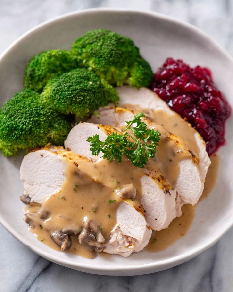A white plate on a white marbled surface holds sliced white cooked meat arranged in a slightly fanned layer at the center. The meat is covered with a smooth, light brown sauce that has small pieces of mushrooms within it. On the left side of the plate, there are bright green broccoli florets clustered together. On the right side, a small portion of bright red cranberry sauce sits next to a sprig of fresh green parsley, adding color contrast. The photo taken with an iphone --ar 4:5 --v 7