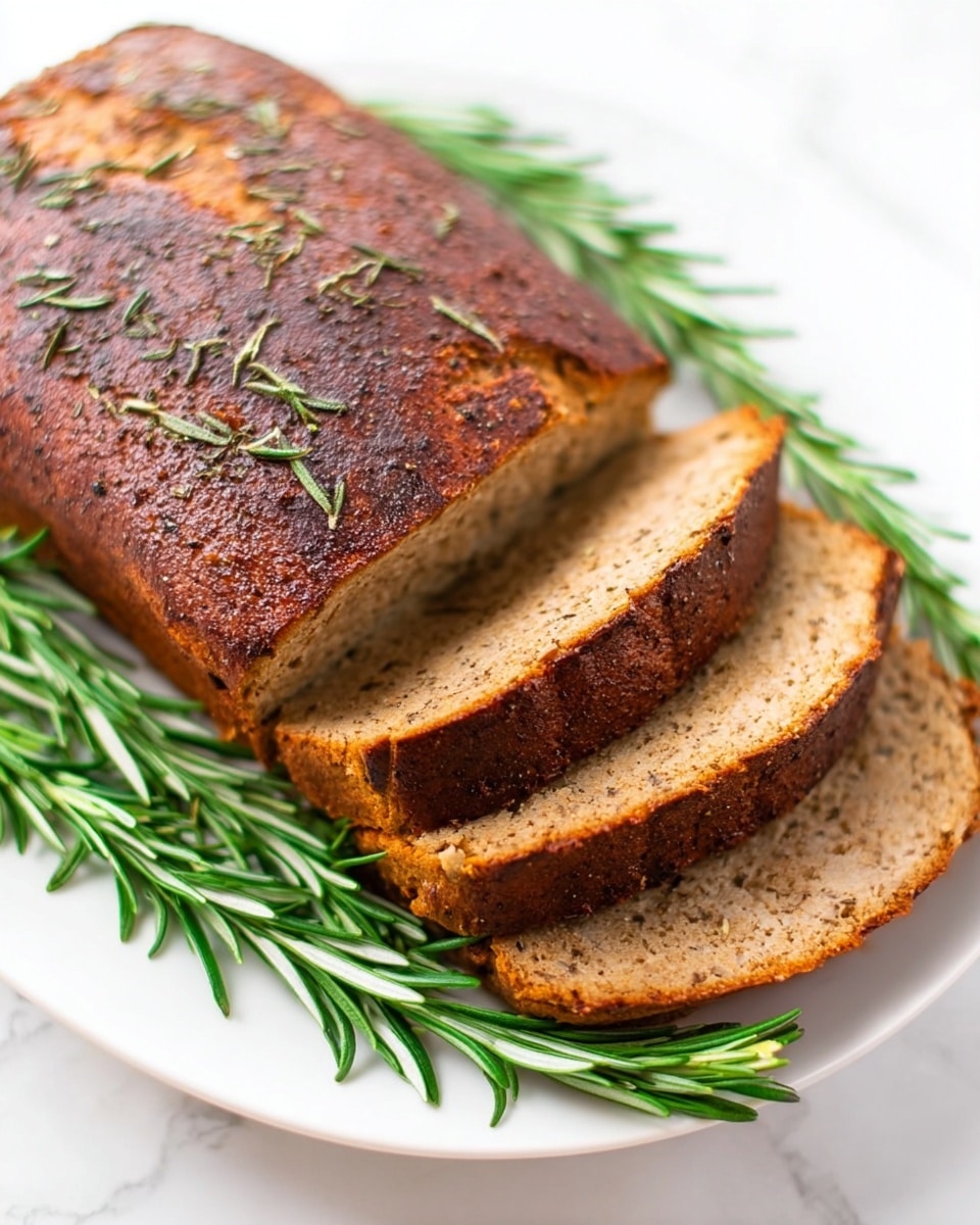 A close-up image of a sliced loaf with a dark brown, slightly charred crust sprinkled with herbs on top. The inside of the loaf is light brown and moist. Three slices lie in front of the main loaf on a white marbled surface, with green herb sprigs placed around the loaf, giving a fresh look. The texture of the crust shows some roughness while the inside looks soft and even. Photo taken with an iphone --ar 4:5 --v 7