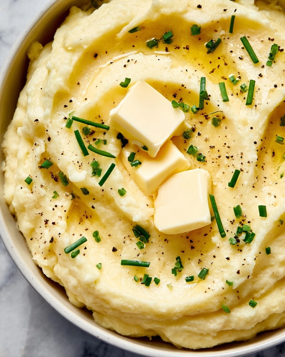A close-up of a bowl filled with smooth, creamy pale yellow mashed potatoes, with three small squares of melting pale yellow butter on top. The mashed potatoes have soft swirling textures and are sprinkled evenly with small bright green chives and coarse black pepper. The bowl is white, and the background shows a white marbled texture. photo taken with an iphone --ar 4:5 --v 7