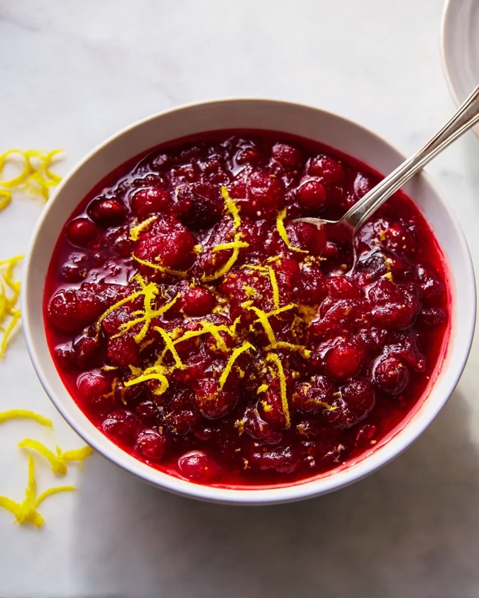 A close-up view of a white bowl filled with a vibrant red cranberry sauce that has whole cranberries visible. On top of the sauce, there are thin yellow lemon zest curls scattered evenly, adding a bright contrast. A silver spoon is placed inside the bowl, partly submerged in the sauce. The bowl is set on a white marbled surface with some lemon zest curls scattered around it. The lighting is natural, highlighting the glossy texture of the cranberry sauce. photo taken with an iphone --ar 4:5 --v 7