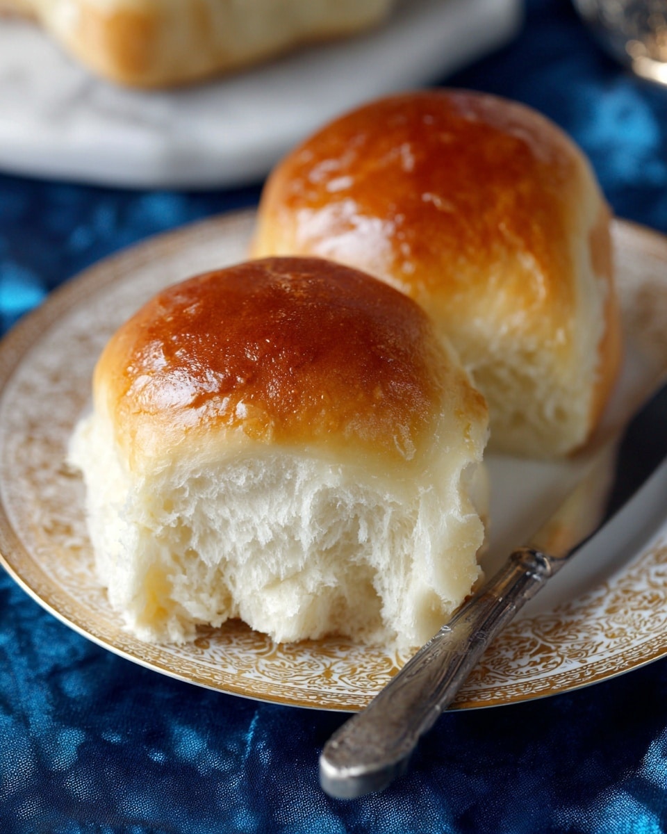 Two soft, golden-brown dinner rolls with a shiny top sit closely together on a white plate that has an intricate gold pattern around the edge. The inside of the rolls is fluffy and white, showing a light, airy texture where the rolls have been softly pulled apart. The plate rests on a deep blue cloth, and a silver butter knife with a dark handle lies nearby on a white marbled surface. The warm lighting highlights the smooth, slightly glossy tops of the rolls, making them look fresh and inviting photo taken with an iphone --ar 4:5 --v 7
