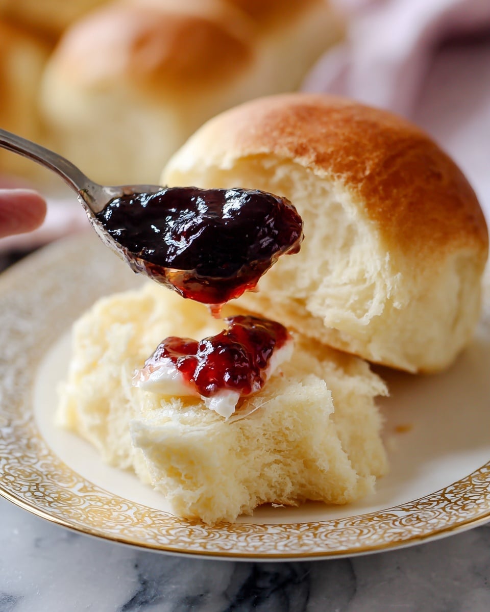 The image shows a close-up of a white plate with a golden-brown soft roll in the background and a fluffy, light yellow roll torn open in the foreground. On the torn roll, there is a small dollop of creamy butter, and a woman's hand holding a spoon is placing thick, shiny dark red jam on top. The plate has delicate gold patterned edges and is set on a white marbled surface. The focus is on the jam being spread, with the soft textures of the bread and butter visible. Photo taken with an iphone --ar 4:5 --v 7