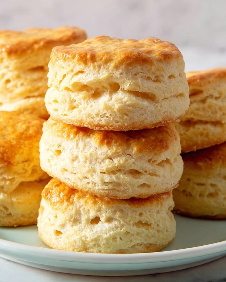 The image shows a close-up of a stack of six golden brown biscuits on a white plate. Each biscuit has a round, thick shape with a flaky, textured surface and a slightly crispy, browned top layer. The biscuits are layered one on top of the other, showing visible soft crumbs and a light, airy inside with a pale cream color. The background is a white marbled surface, giving the photo a clean and bright look. photo taken with an iphone --ar 4:5 --v 7