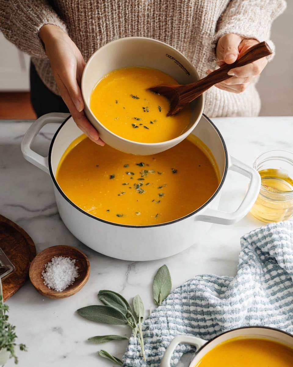 A white pot filled with smooth, thick orange soup, dotted with small green herb pieces on the surface, sits on a white marbled countertop. A woman's hand is holding a beige bowl filled with the same soup, while another woman's hand is using a wooden ladle to pour the vibrant soup into the bowl. Around the pot, there are some fresh green leaves, a small wooden dish with salt, a glass container with oil, and a light blue and white checkered cloth. The scene is cozy with a close-up focus on the soup and the woman's hands. photo taken with an iphone --ar 4:5 --v 7