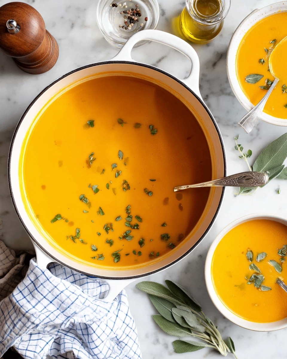 A large white pot filled with smooth, bright orange soup topped with small green herb pieces scattered across the surface, sitting on a white marbled table. To the top right, two white bowls contain the same soup with a silver spoon resting in one bowl. Around the pot and bowls, a small glass jar of olive oil, a wooden pepper grinder, a few sage leaves, and two vintage silver spoons are arranged. A white and blue checkered cloth is placed near the pot’s handle. The overall setting is clean and bright with a fresh, inviting look. photo taken with an iphone --ar 4:5 --v 7
