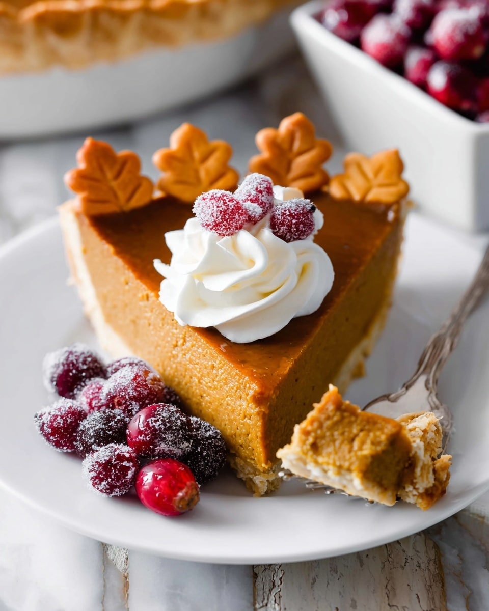 A slice of pumpkin pie sits on a white plate with a white marbled background. The pie has two layers: a flat, light golden crust at the bottom and a thick, smooth, orange-brown pumpkin filling on top. The edge is decorated with small leaf-shaped crust pieces in a darker golden brown. On top of the pie, there is a swirl of white whipped cream and a few red sugared cranberries. Some cranberries are also scattered beside the pie on the plate. A fork placed on the right side of the plate holds a small bite of the pie. Behind the plate, there is a white square bowl filled with more sugared cranberries. photo taken with an iphone --ar 4:5 --v 7