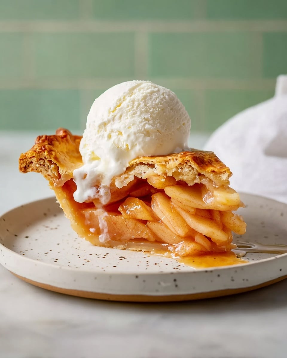 A slice of apple pie is placed on a white plate with small dark spots, sitting on a white marbled surface. The slice has three visible layers: a light golden brown crispy crust at the top with some flaky edges, a thick middle layer full of soft, thinly sliced, warm orange-brown cooked apples, and a pale crust base supporting the apples. At the very top of the pie slice, there is a single scoop of smooth, white vanilla ice cream slowly melting down the sides of the pie. The background shows a soft, light greenish wall and a white cloth is casually placed on the right side behind the plate. Photo taken with an iphone --ar 4:5 --v 7