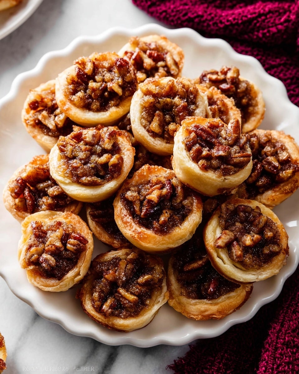 The image shows small mini tarts arranged closely on a white marbled surface. Each tart has one main layer of a light golden flaky crust forming the base and sides. The filling layer is a rich, dark brown mixture with a rough textured surface, topped with several big pieces of toasted pecan nuts that are deep golden brown with a slightly crispy look. There are scattered grains of white coarse salt sprinkled on top of the pecans and filling, adding contrast and texture. The close-up view highlights the crunchy and dense look of the tarts photo taken with an iphone --ar 4:5 --v 7