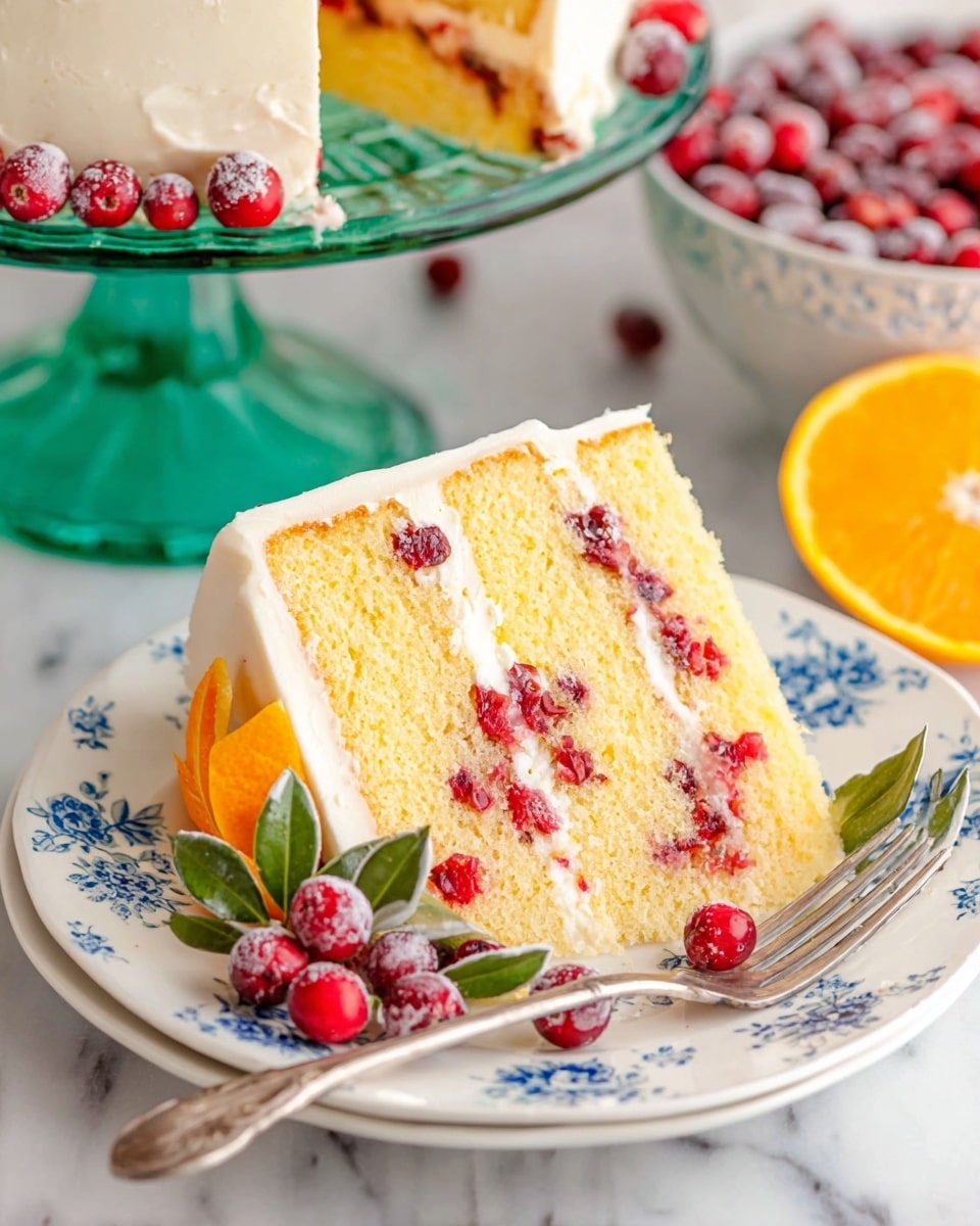 A slice of three-layer yellow cake with visible red cranberries inside each layer is placed on a white plate with a blue floral pattern. Between each layer is a smooth white frosting, and the outside of the slice is also covered softly with the same frosting. Next to the slice on the plate are several fresh red cranberries, some green leaves, and a small orange slice. A silver fork rests on the plate near the food. In the background, a bowl full of cranberries and part of the full cake on a green glass stand can be seen, all set on a white marbled surface. Photo taken with an iphone --ar 4:5 --v 7