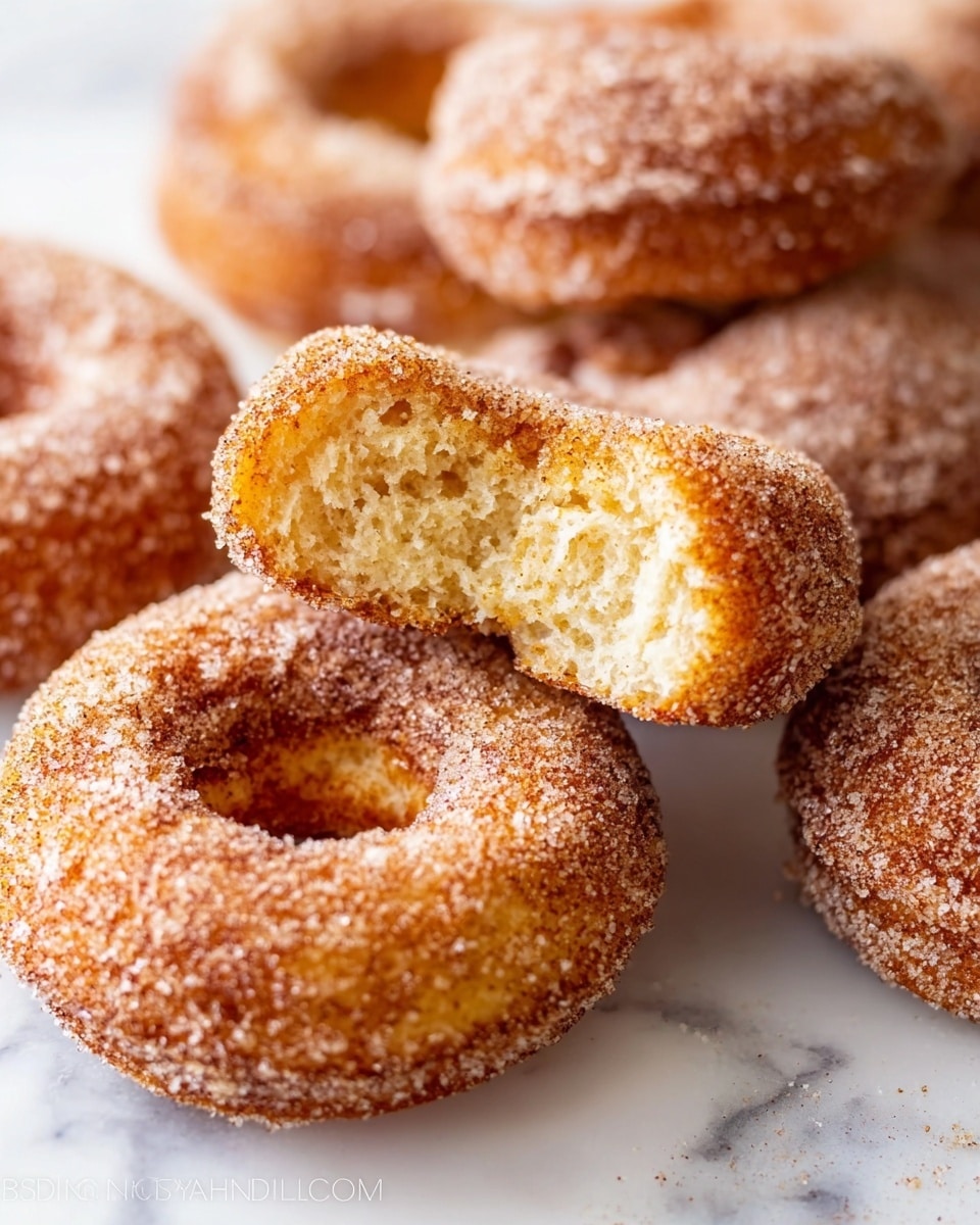 There are four sugar-coated donuts stacked loosely on a white marbled surface. Each donut is golden brown with a slightly rough texture from the sugar covering, and the sugar is lightly dusted all over, making the donuts look soft and sweet. The donuts have a round shape with a hole in the middle, and the surface shows small bubbles from frying. One donut is on top, resting diagonally across the others, showing its rounded edges clearly. The photo is close up, focusing on the warm tones of the donuts and the white sugary texture. photo taken with an iphone --ar 4:5 --v 7