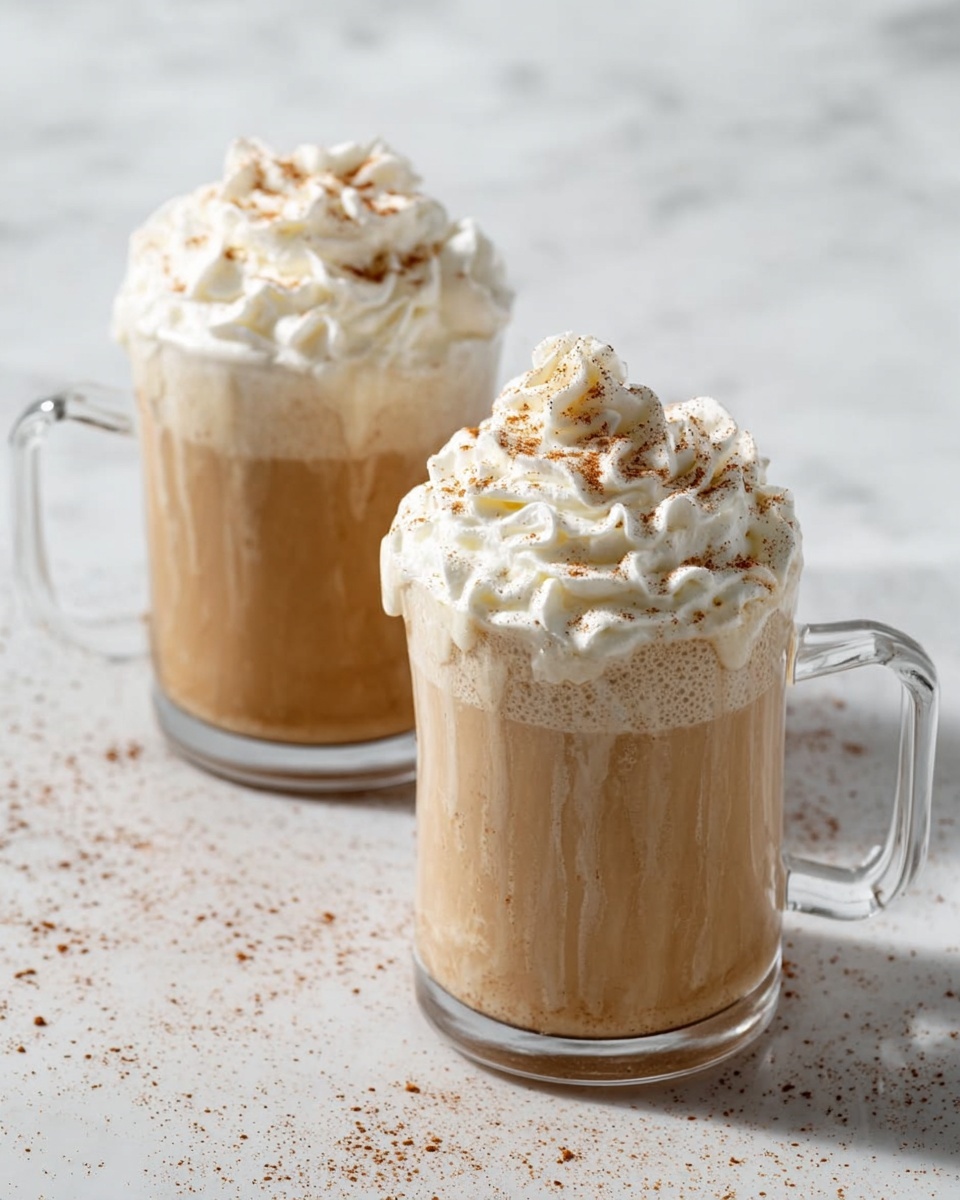 Two clear glass mugs filled with a light brown creamy drink, each topped with a large swirl of white whipped cream. The whipped cream is sprinkled with a light dusting of cinnamon powder. The drink reaches just below the top of the mugs, and some of the creamy drink is dripping down the sides. The mugs sit on a white marbled surface with small specks of cinnamon scattered around. photo taken with an iphone --ar 4:5 --v 7