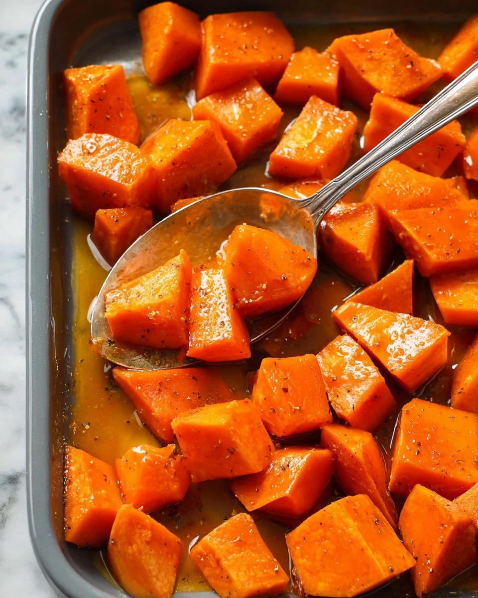 The image shows a close-up of orange chunks of cooked sweet potatoes in a gray baking pan. The sweet potato pieces are cut into uneven medium-sized cubes with a soft, slightly shiny texture, indicating they are well-cooked and coated with a light sauce or seasoning. The metal spoon is visible near the bottom center, scooping up some pieces, reflecting light and partially covered in the same orange glaze. The background surface is a white marbled texture. photo taken with an iphone --ar 4:5 --v 7