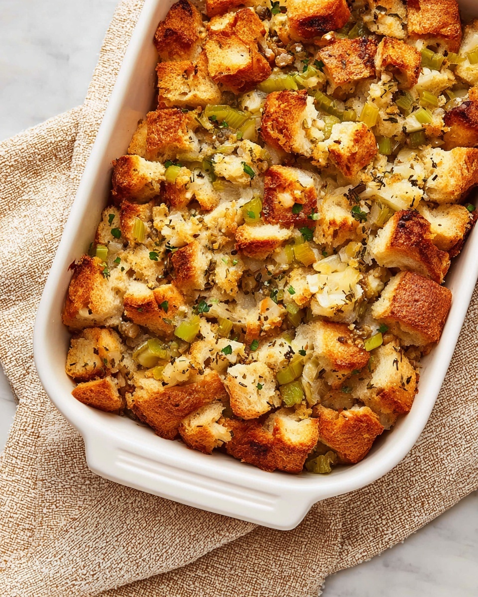 The image shows a white rectangular baking dish filled with a layered bread stuffing. The top layer has golden brown toasted bread cubes with a rough texture scattered unevenly, some showing a pale white interior. Below this top, chunks of celery are visible, light green and slightly translucent. The inner layers are lighter, with soft bread mixed with herbs and small green pieces. A wooden spatula is lifting a serving from the dish, showing the soft inside and the crispy brown topping. The dish rests on a white marbled surface with a neutral woven fabric nearby. photo taken with an iphone --ar 4:5 --v 7