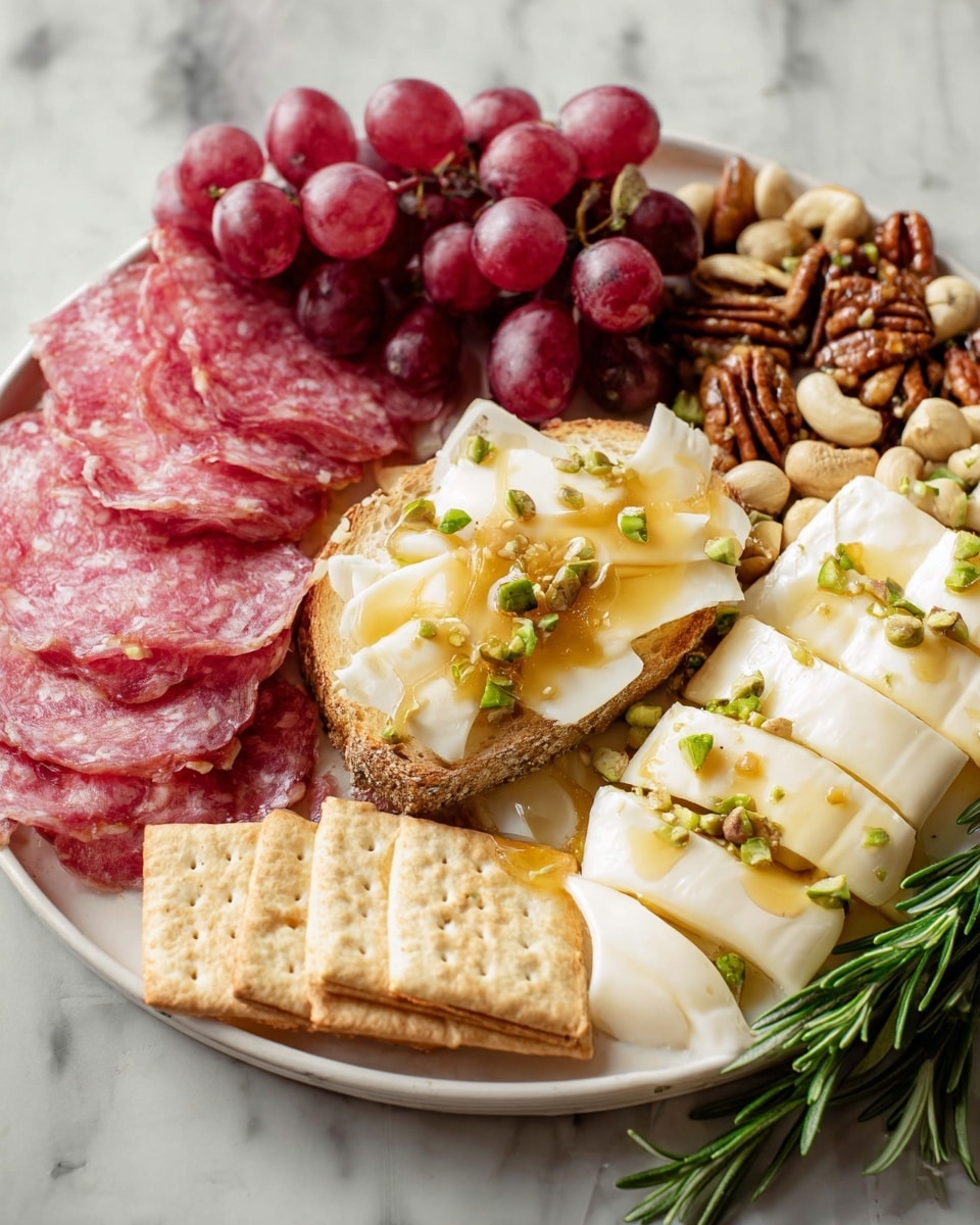 A large white plate on a white marbled surface holds a colorful arrangement of snacks. On the left, there are several folded slices of pink salami stacked in small bundles. Behind the salami, there is a bunch of red grapes with a mix of light and dark shades. In front of the salami, a row of light brown rectangular crackers is neatly placed. In the center, a slice of light bread is topped with creamy white melted cheese, golden honey dripping down, and scattered green pistachios. To the right, slices of white cheese with a soft texture are laid out in a fanned layer, drizzled with honey and sprinkled with small green herbs and crushed nuts. Some mixed nuts are visible in the background near the grapes. photo taken with an iphone --ar 4:5 --v 7