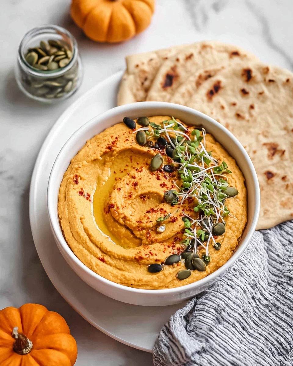 A white bowl filled with creamy orange hummus, smooth with a swirl in the middle holding a shallow pool of olive oil. The top left side of the hummus is decorated with a line of green pumpkin seeds, small black seeds, red chili powder, and tiny green sprouts scattered on the surface. The bowl is on a white marbled surface next to pieces of flatbread stacked on the top left side. A gray and white striped cloth is to the right of the bowl. photo taken with an iphone --ar 4:5 --v 7