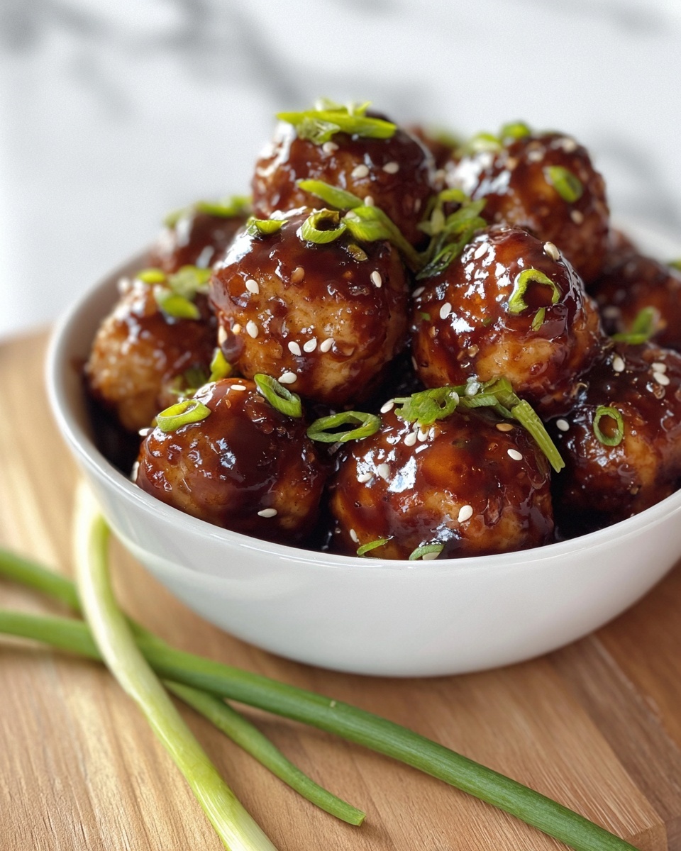 A white bowl filled with many round meatballs covered in glossy dark brown sauce, topped with white sesame seeds and small pieces of green onions scattered on top. The bowl is placed on a wooden board with two long green onion stalks nearby. The background has a soft, blurred look. photo taken with an iphone --ar 4:5 --v 7