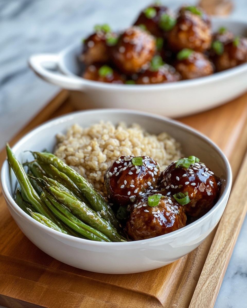 A white bowl holds a meal with three main parts: on the left, a layer of green, roasted green beans with a slight char texture; in the bottom right, a portion of light brown cooked rice with visible individual grains; and on the top right, three round meatballs covered in a shiny dark brown sauce, garnished with white sesame seeds and small green onion pieces. Behind it, there is a white oval bowl filled with more similarly sauced meatballs. Both bowls are on a wooden board, with a white marbled surface in the background. Photo taken with an iphone --ar 4:5 --v 7