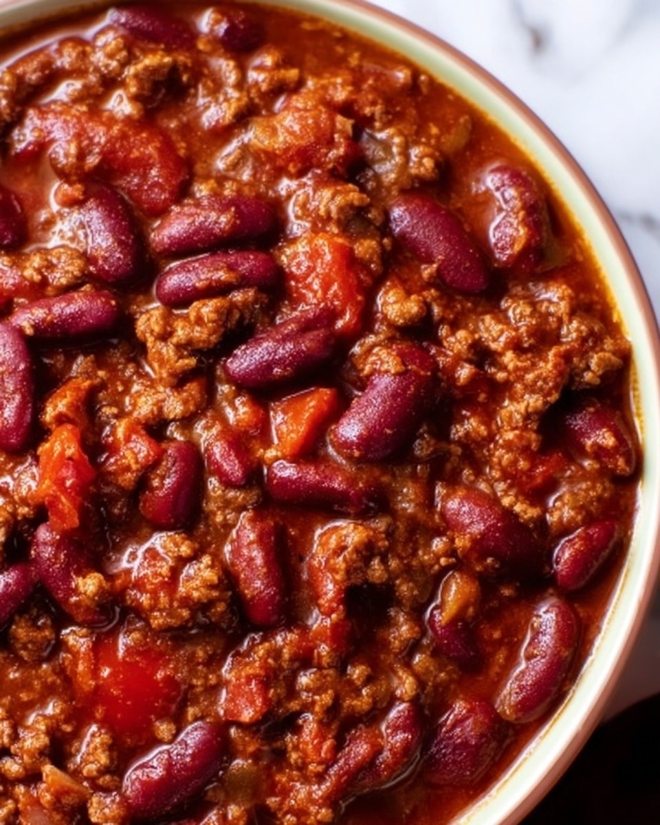 A close-up view of a deep white bowl filled with thick chili. The chili has large dark red kidney beans, small chunks of red tomatoes, and brown ground meat in a rich red sauce. The sauce looks thick and glossy, with visible bits of onion and spices mixed in. The bowl sits on a white marbled surface. photo taken with an iphone --ar 4:5 --v 7