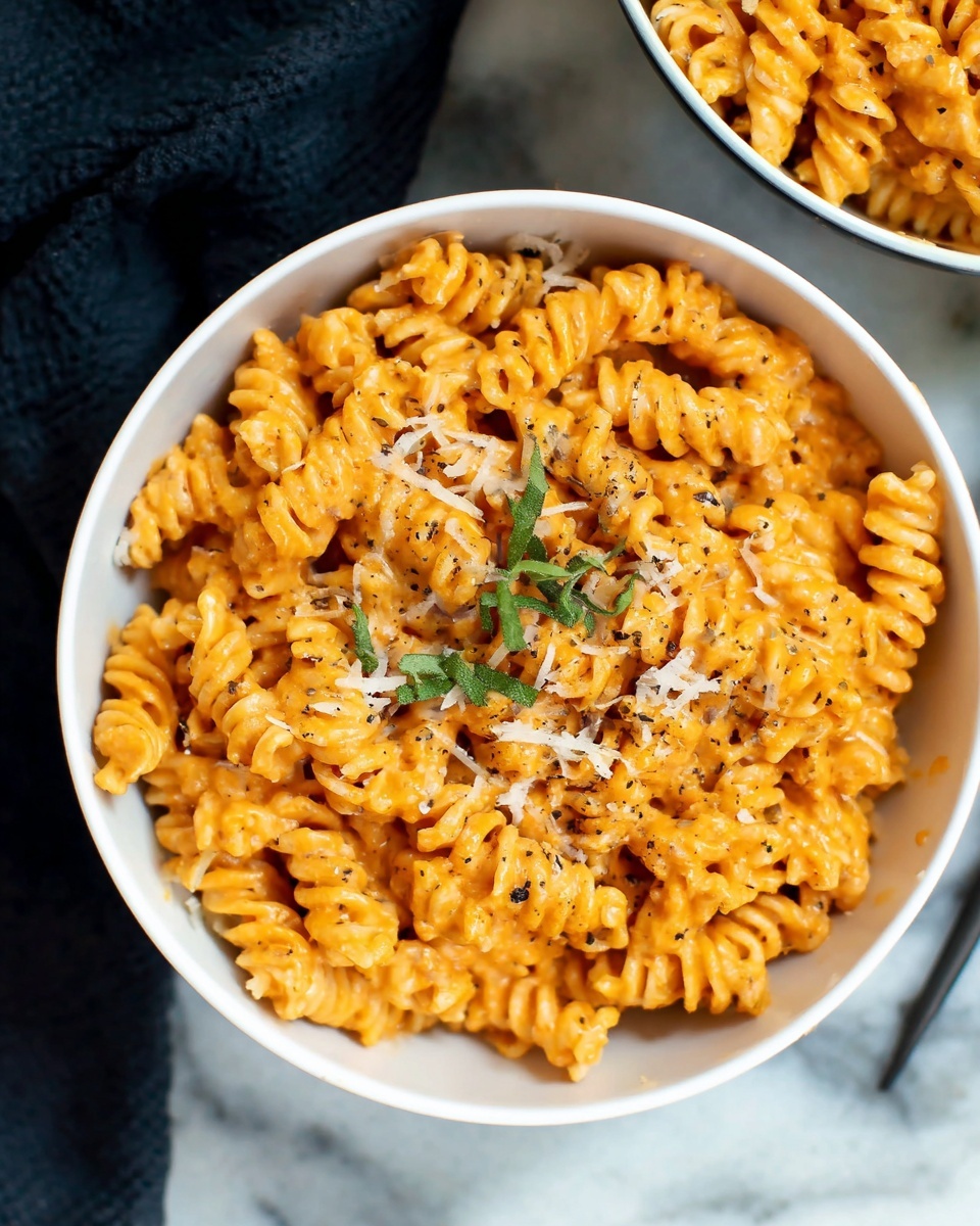 A close-up of a white bowl filled with creamy rotini pasta coated in a smooth, bright orange sauce. The pasta spirals are thickly covered in the sauce, giving a rich, glossy texture. On top, there are small bits of grated white cheese and a few fresh green parsley leaves scattered for color. Some black pepper specks are sprinkled over the dish, adding contrast. Part of a white bowl with more pasta is visible in the top right corner, all placed on a white marbled surface with a dark cloth underneath. Photo taken with an iphone --ar 4:5 --v 7