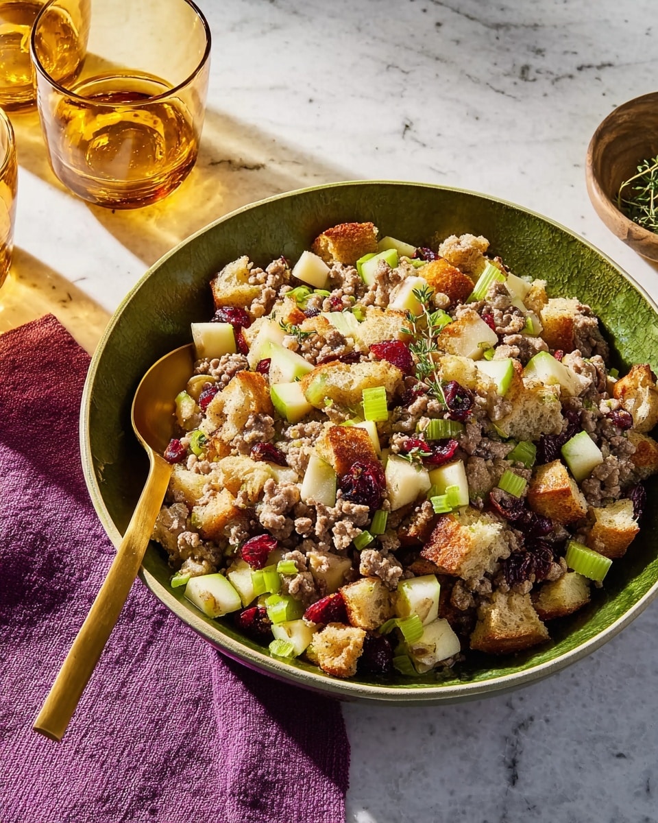 A green bowl filled with a mixed dish featuring three main layers: the bottom layer has chunky brown cooked ground meat, the middle layer contains small pale yellow cubes of apple and bright green celery pieces, and the top layer consists of large pieces of light brown toasted bread with some red dried cranberries scattered throughout. A gold spoon rests inside the bowl on the left side, and the bowl sits on a white marbled surface next to a purple cloth. Two amber-colored ribbed glasses are visible in the background. Photo taken with an iphone --ar 4:5 --v 7