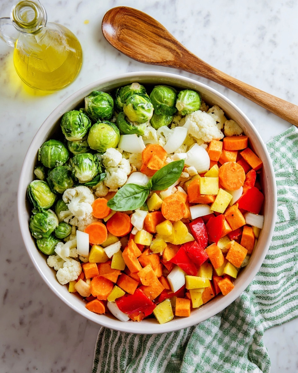 A dark baking tray is full of roasted vegetables spread out evenly. There are several layers of small roasted vegetable pieces, including orange carrots, white cauliflower, green broccoli, green Brussels sprouts, orange sweet potatoes, yellow potatoes, and white onions. The vegetables have a mix of soft and slightly browned, crispy textures. The tray sits on a white marbled surface, next to a striped green and white cloth napkin and a wooden spoon on the right side. Photo taken with an iphone --ar 4:5 --v 7