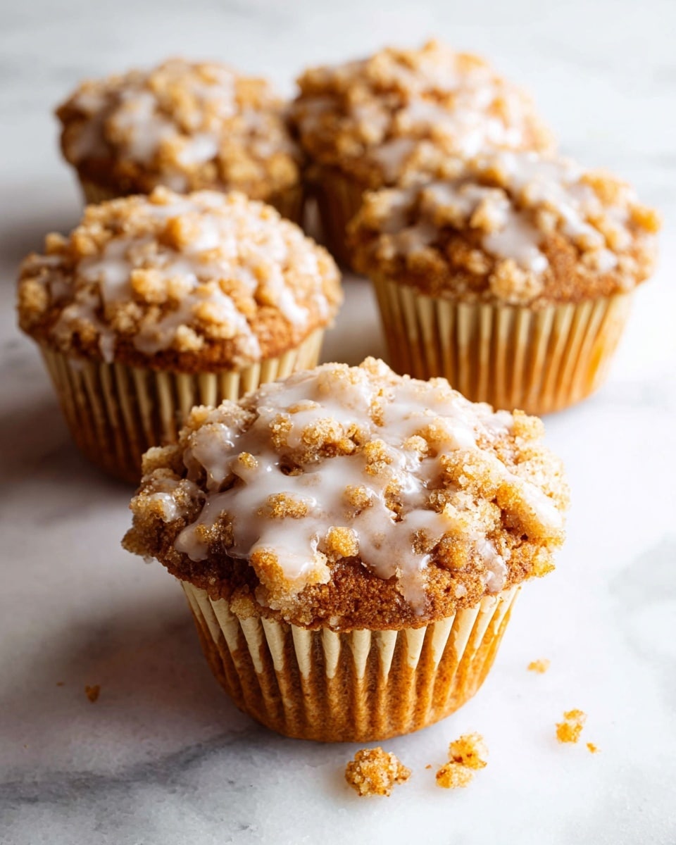 The image shows seven crumb-topped muffins arranged closely on a white round plate placed on a white marbled surface. Each muffin has a rough, crumbly light brown topping with small, uneven chunks. White icing is drizzled over the muffin tops, some dripping slightly onto the plate. The muffins themselves have a warm golden brown color beneath the crumb layer. The texture of the crumbs looks dry and crisp, creating a contrast with the glossy, smooth icing. There are a few crumbs scattered around the plate, adding a casual, fresh-baked look. Photo taken with an iphone --ar 4:5 --v 7