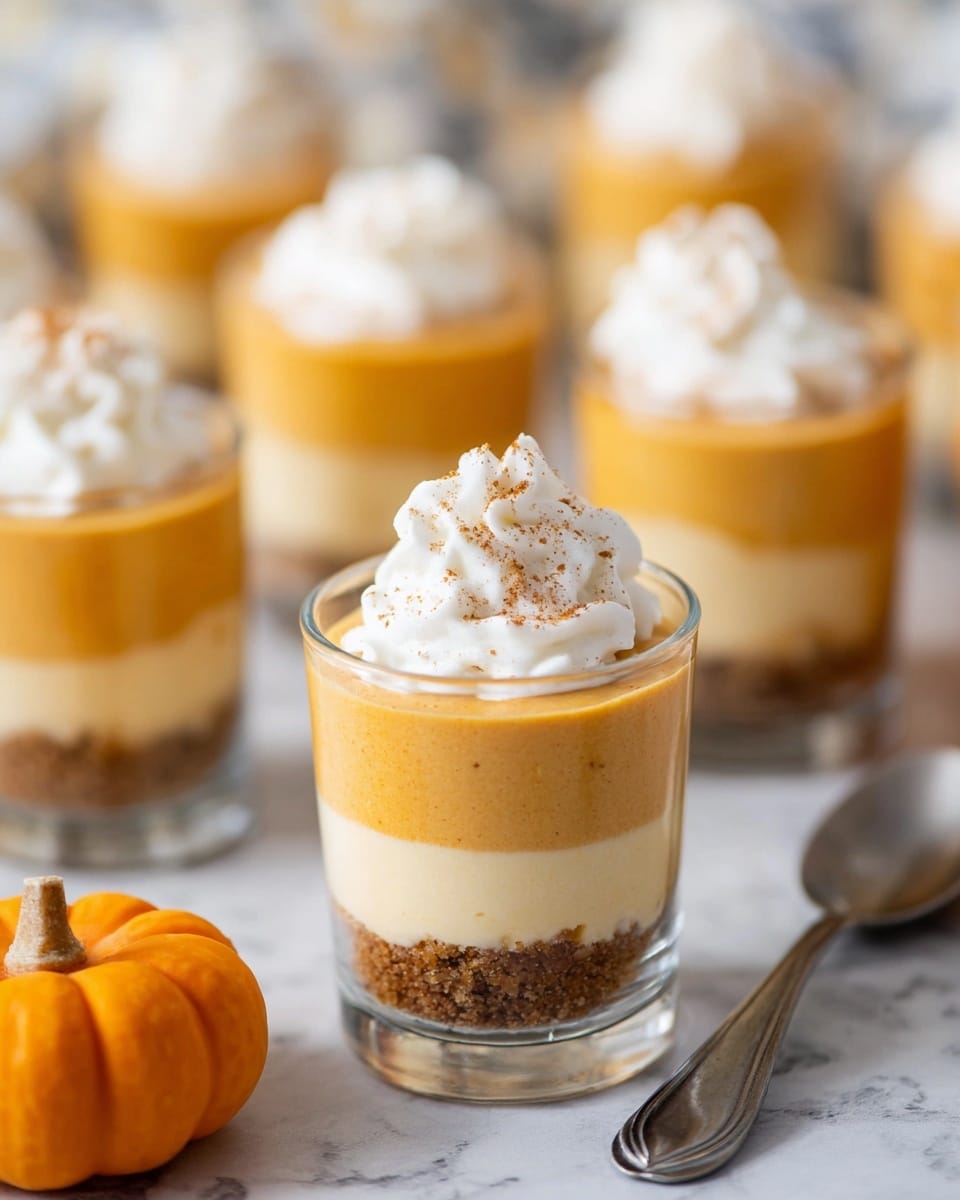 This image shows small clear cups with three layers. The bottom layer is brown and crumbly like crushed cookies or graham crackers. The middle layer is thick and orange, smooth like pumpkin pudding. On top, there is a swirl of white whipped cream with a sprinkle of light orange powder. The cups are placed on a white marbled surface with a small pumpkin in the background, and a silver spoon is visible on the right. Photo taken with an iphone --ar 4:5 --v 7