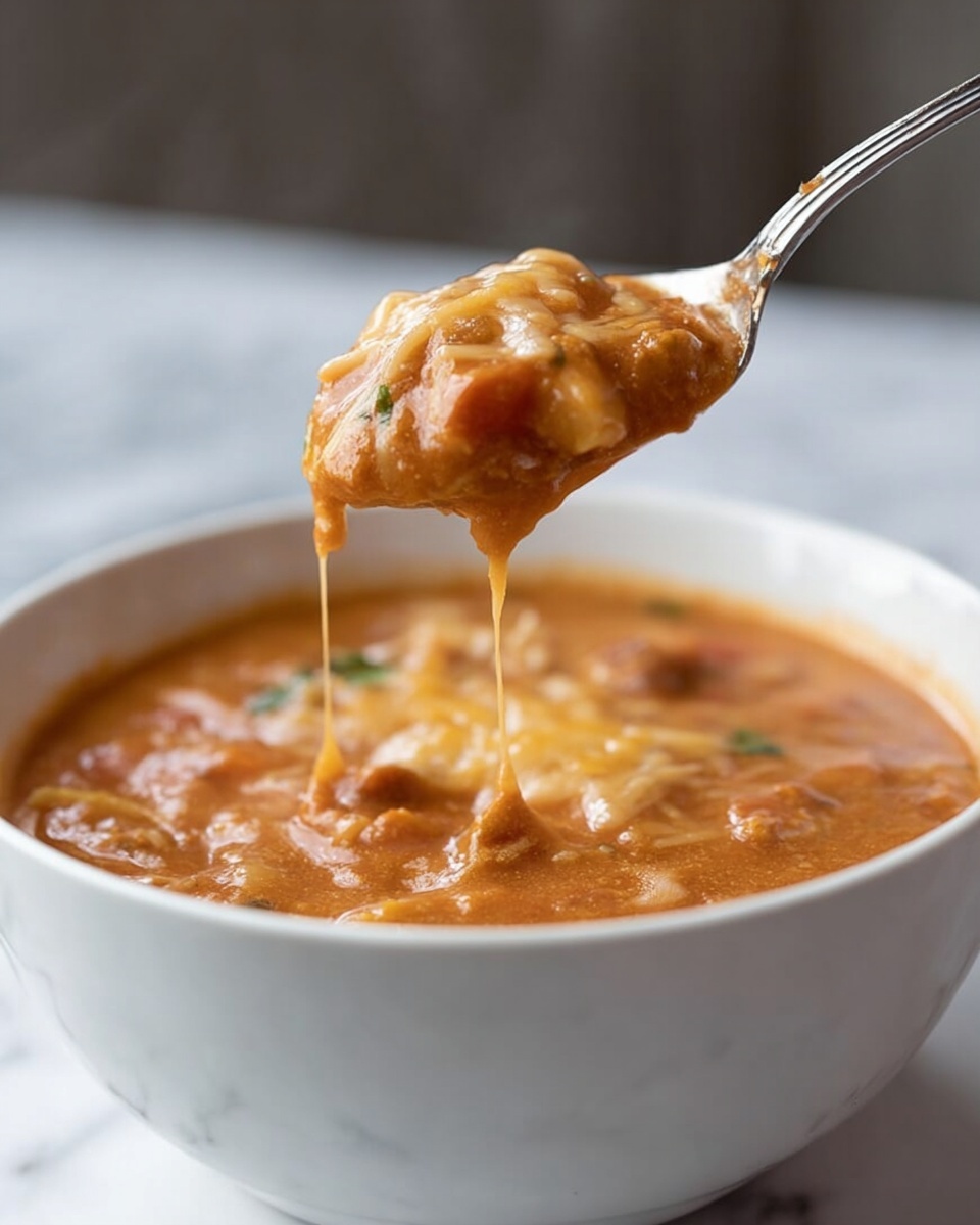 A thick, chunky soup fills a white bowl set on a white marbled surface. The soup has a rich reddish-brown color with visible pieces of soft vegetables and melted cheese mixed throughout. A spoon is lifted above the bowl, dripping creamy, stringy cheese that stretches down to the bowl. The texture looks smooth and hearty, with swirls of melted cheese and little green bits peeking through. The background is softly blurred, keeping focus on the warm soup. Photo taken with an iphone --ar 4:5 --v 7