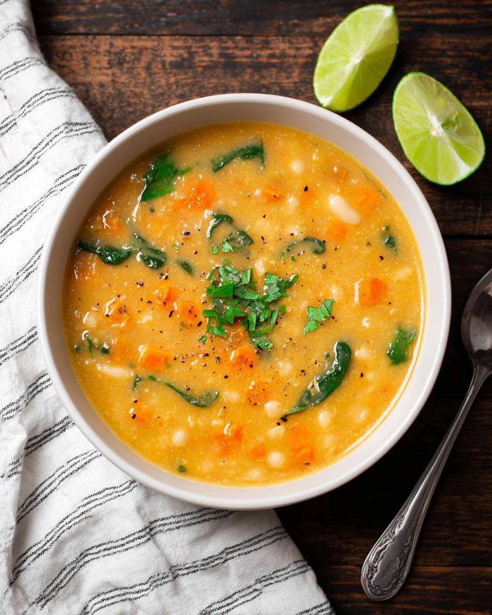 The image shows a white bowl filled with thick light yellow soup that has small orange chunks, green spinach leaves, and tiny pieces of white onion or potato. There are a few black pepper specks and a small green herb on top in the middle. The bowl sits on a dark wooden surface with a silver spoon on the right side and two lime halves placed at the top left. A white cloth with thin black stripes is partly visible at the bottom left. The photo is taken with an iphone --ar 4:5 --v 7